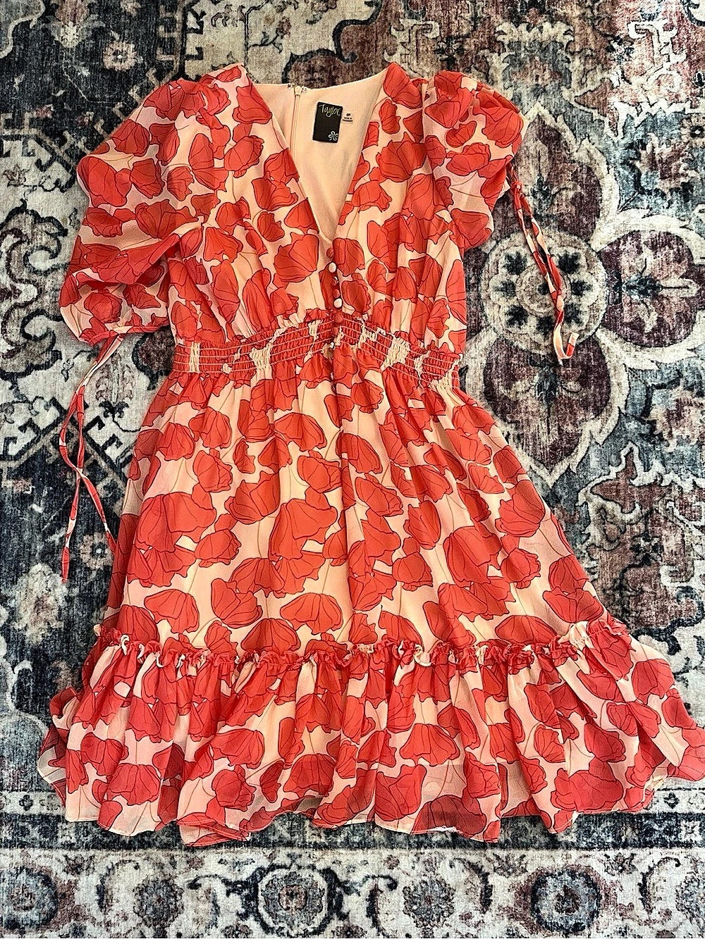 Taylor Floral Chiffon Smocked Waist Mini Dress Pink & Red Size 8P